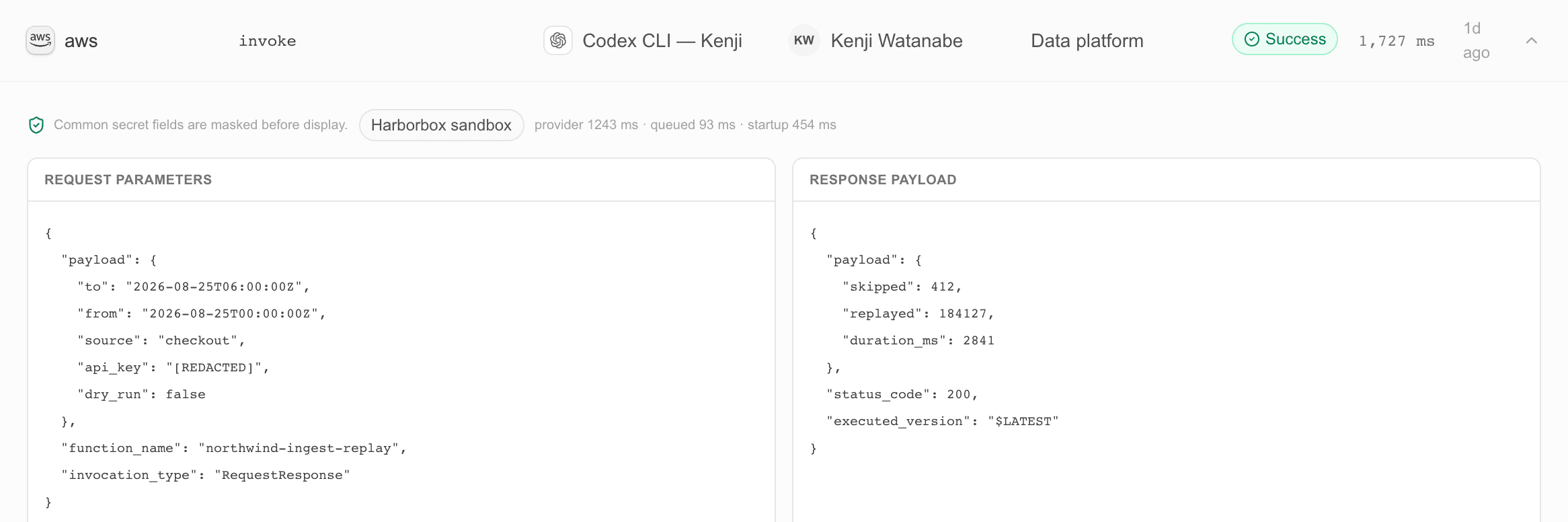 An expanded audit row in Toolspoke for a sandboxed aws invoke call, with the api_key argument shown as [REDACTED] and the Harborbox sandbox execution path beside the provider, queue and startup timings.